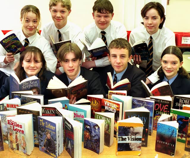 Front, from left (St. Bede's RC High School pupils), Jenny Riley, Stephen Crayston, Peter Lamb and Madeleine Callaghan. Back, from left (Palatine High School pupils), Susan Gallon, Ian McCartney, Robert Coleman and Louise Smith. Story re. Lancashire Children's Book of the Year Award (reading scheme)