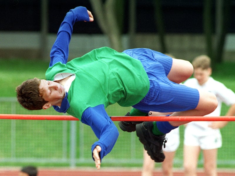 Blackpool Secondary Schools Athletic Association annual championship, held at Stanley Park Arena, Blackpool.  Wayne Canovas ((Highfield High School) competing in the U14 Boys High Jump