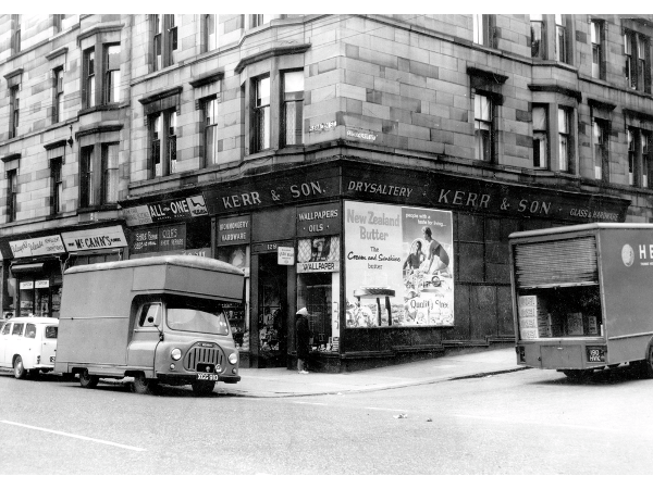 Kerr & Sons, an ironmongers at 128 Saracen Street on the corner of Stonyhurst Street around 1963.