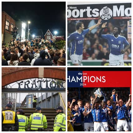 Clockwise from top left: Partying in Southsea after the Barnsley win, the beloved Sports Mail, we all spent hours looking at video after the Barnsley game and Wigan celebrations and Pompey fans know all about the 'Goldsmith slalom'.