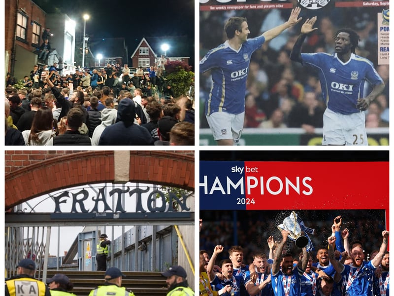 Clockwise from top left: Partying in Southsea after the Barnsley win, the beloved Sports Mail, we all spent hours looking at video after the Barnsley game and Wigan celebrations and Pompey fans know all about the 'Goldsmith slalom'.