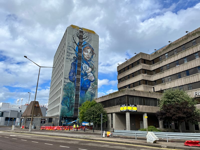 One half of duo Herakut, Hera returned to Aberdeen for the 2024 festival to create this sweeping mural which invites viewers to reclaim their imaginations. Welcoming visitors to the city from its location on the side of Union Point, it is now the only work of hers in the city following the demolition of Aberdeen Market.