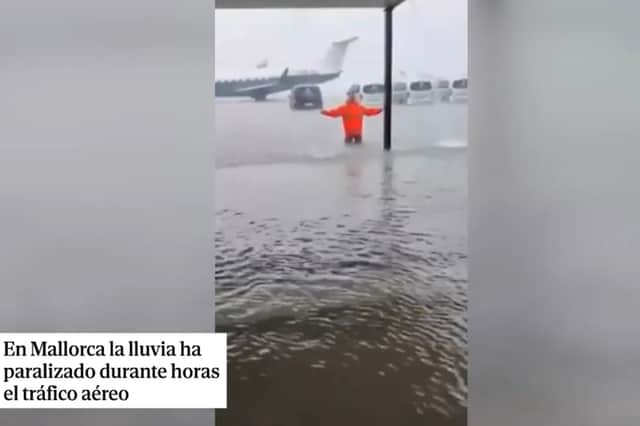 Mallorca airport flooding sees high flood water on runway.