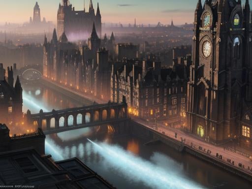 NightCafe produced a similiar image when asked what Edinburgh would look like in a thousand years. It is yet another very classic look, but not exactly sure what the glowing lights in the Water of Leigh is supposed to be...