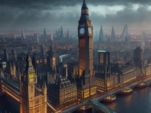 London will be a tad overrun by Big Ben style clock towers in the year 3000 according to this image from NightCafe.