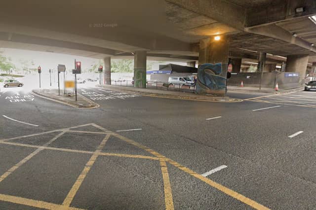 Traffic from the M8 slip road (right) turning right onto the A814 Clydeside Expressway (far left) have to be in the two lanes to the left of the divider after coming round the corner. Picture: Google Street View