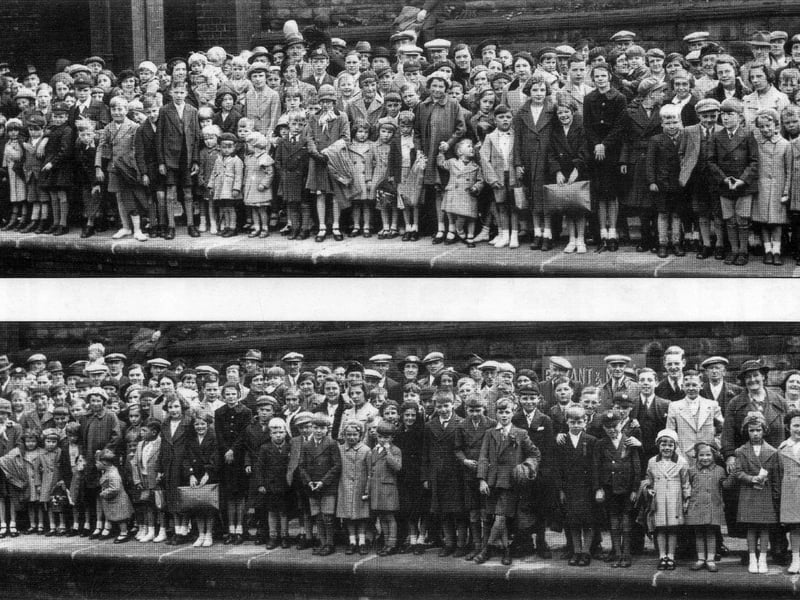 Two photographs showing a crowded platform at Morley Top Station as members of the Cross Church Street Working Men's Club and their families wait for the train to Cleethorpes in 1937