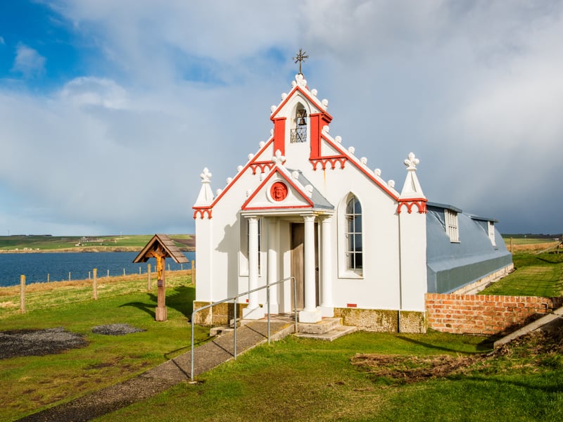 This Roman Catholic chapel in Lamb Homb was constructed by Italian prisoners of war during WW2. Domenico Chiocchetti and his colleagues transformed two Nissen huts into the building which was modelled on a prayer card he had been given before he left home.