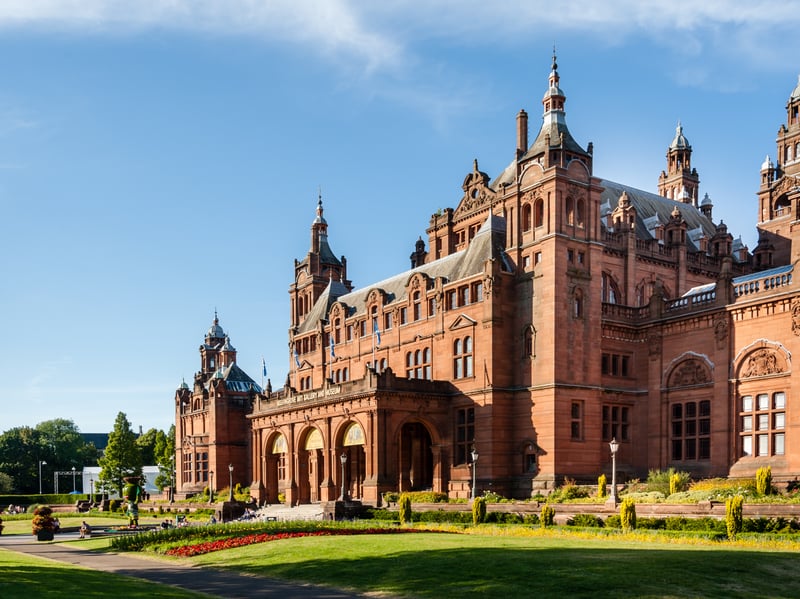 Kelvingrove Art Gallery and Museum is another of Scotland's most interesting buildings. Built in 1901 to replace the original Kelvingrove House, it was designed by Sir John W. Simpson and E.J. Milner Allen in a Spanish Baroque style though with Locharbriggs red sandstone.