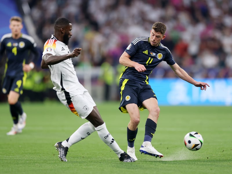 Some eyebrows would have been raised with his selection ahead of Billy Gilmour in midfield, but Christie's excellent season at Bournemouth and all-round game was required here. This was the former Celtic man's 50th cap but he will not remember it fondly. Fouled twice early by the terrier-like Robert Andrich, he never had time on the ball to drive forward. So nearly conceded a penalty for a foul on Jamal Musiala but VAR said that original contact was just outside box. Ended up leading the line in the second half, which was a thankless task given what he was up against. Understandably tired and made way for Lawrence Shankland.