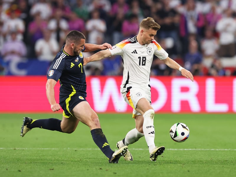 Cap number 67 for Scotland’s revered midfielder. This really wasn’t his night, though, part of a midfield that not even his drive and energy could salvage. Truth be told, McGinn looked a little jaded here, a bit diminished, perhaps still feeling the effects of a gruelling club season with Aston Villa. Germany walked right over him, swatting him away like a pesky wasp. Unable to get on the ball and drive forward, it was no surprise to see him replaced when 3-0 down for Kenny McLean. One hopes that he will rediscover his mojo for the matches against Switzerland and Hungary – this Scotland team needs McGinn close to 100 per cent.