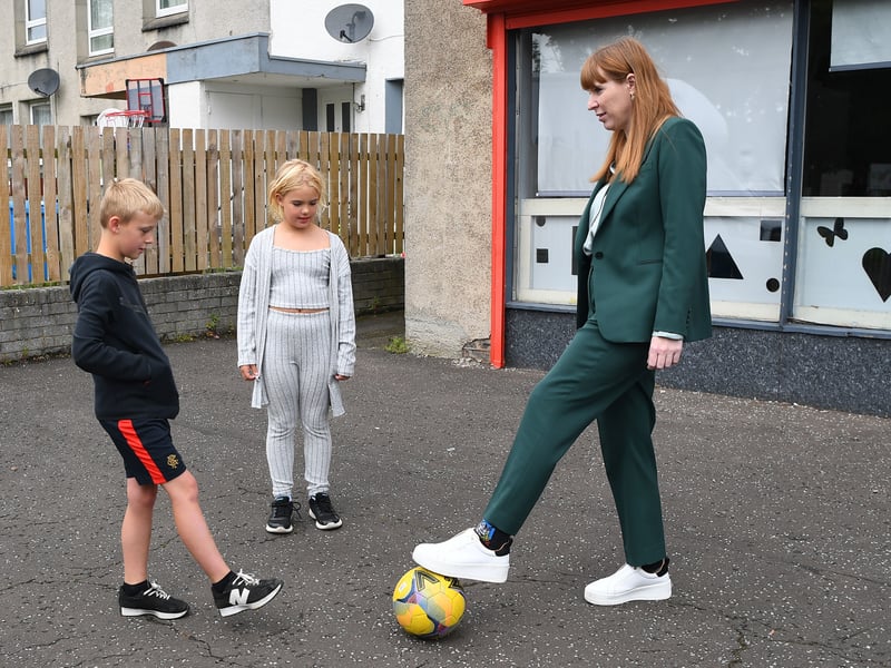 Deputy Labour leader Angela Rayner took time for a quick kick around with children at Broxburn family and community development centre when she and Scottish Labour leader Anas Sarwar visited on Saturday.