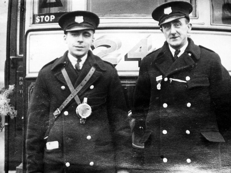 The crew of the last tram on the Leeds to Morley route, in front of the tram in January 1935. On the left is the conductor, G. Ward, and on the right the driver, E. Haigh. The tram era in Morley was much shorter that that in other areas of Leeds, having only started in 1911 and ended in 1935.