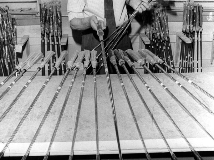 A final inspection of golf clubs is taking place at the Craigton Golf Company Limited in Glasgow. The company exported 2,500 golf clubs a week, 50% of the factory's production, and had customers all over the world. Craigtown Golf is owned by John Letters, who has been in the business since 1934.