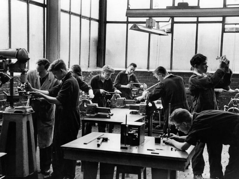 Young apprentices learn their trade at the Govan shipyard in Glasgow. The Clydeside shipyards were the biggest employers in the area and produced most of Britain's mercantile shipping output before there was a slump in the industry and many yards were forced to close.