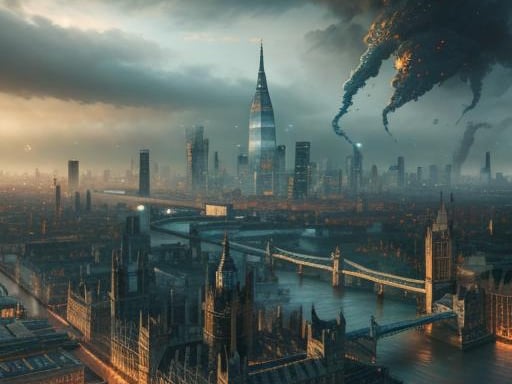 ChatGPT warns: “London is expected to experience hotter summers and milder winters. Heatwaves could become more frequent and severe, increasing the risk of heat-related health issues and impacting daily life.” NightCafe has offered a look at what the impact of climate change on London could look like in 50 years above.
