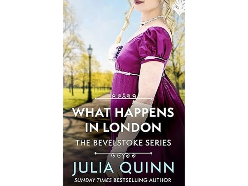 Fourth position goes to the second in Quinn's Bevelstoke series - What Happens in London. Published in 2009. it has an average rating of 4.03 from 31,147 reviews. "Olivia Bevelstoke, the only daughter of the Earl of Rudland, is beautiful, wealthy, twenty-one and unmarried, making her the subject of much gossip: 'What is she waiting for? A prince?' But Olivia isn't stuck up, and neither is she a hopeless romantic. However she is waiting for something - or someone. Enter Sir Harry Valentine, her intriguing new neighbour. Sir Harry Valentine is not a spy, but he's had all the training, so when a beautiful but mysterious woman begins to watch him from her window, he is instantly suspicious. But just when he decides that she's nothing more than an annoyingly nosy debutante, he discovers that she might be engaged to a foreign prince, who might be plotting against England. And when Harry is roped into spying on Olivia, he discovers that he might be falling for her himself."