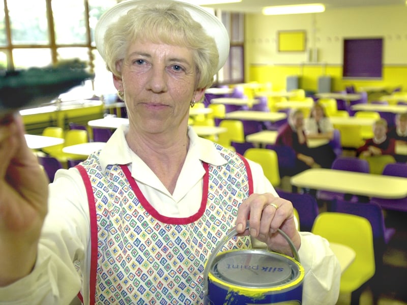 Farnley Park High dinner lady Gloria Blackburn painted the school dining room over the summer holidays after a staff plea for help to the TV series Changing Rooms was rejected. Pictured in September 2000.