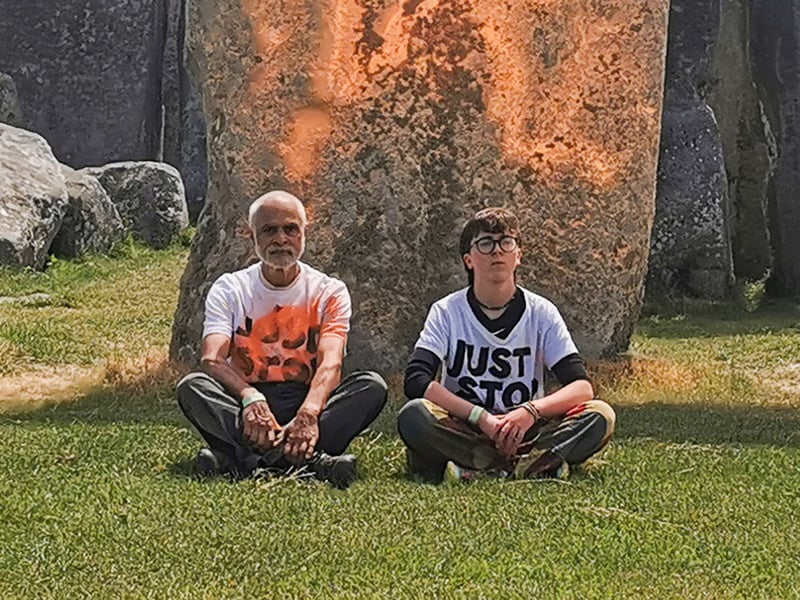 Several of the iconic stones – dating back to the late Neolithic period – were seen covered in orange paint before one protester sat on the grass and the other was detained by a member of the public