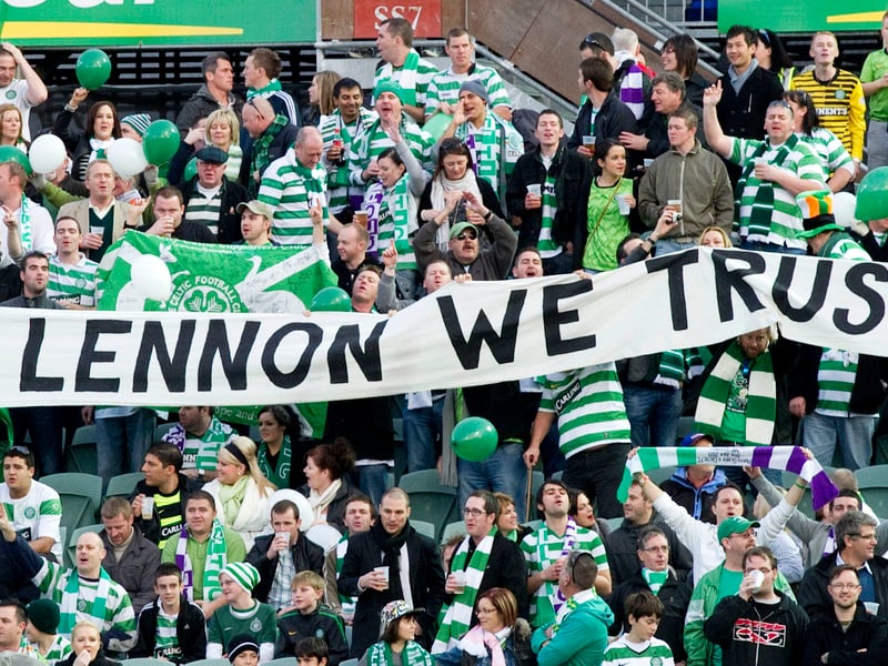 Celtic fans in Australia give their backing to manager Neil Lennon in 2011 as they prepare to face Perth Glory.