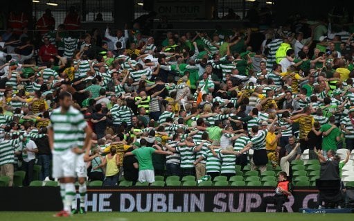 Celtic fans do the 'Poznan' ahead of The Dublin Super Cup game against Inter Milan at the Aviva Stadium.
