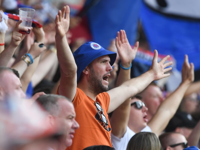 Rangers fans sing loud and proud at Bloomfield Road, Blackpool in the summer of 2022.