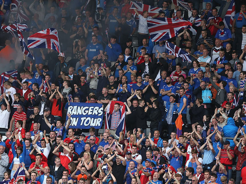 Rangers fans cheer on their team during the pre season friendly match between Derby County and Rangers at iPro Stadium in 2014.
