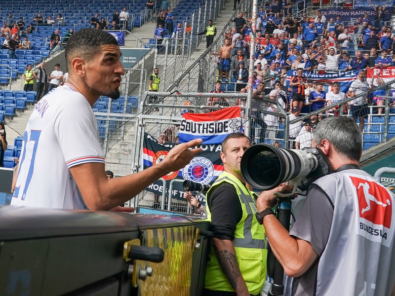 Leon Balogun chats to fans following the friendly against Hoffenheim in 2023.