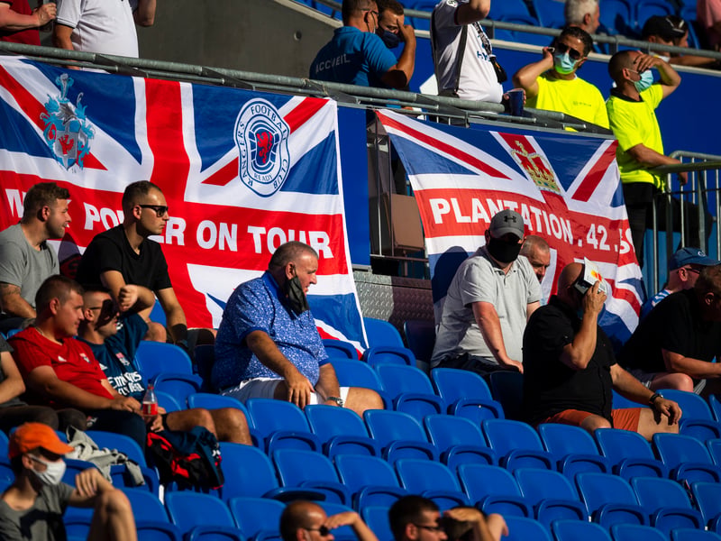 Rangers fans take in the match during the friendly match between Nice and Rangers at the Groupama Stadium on July 2020.
