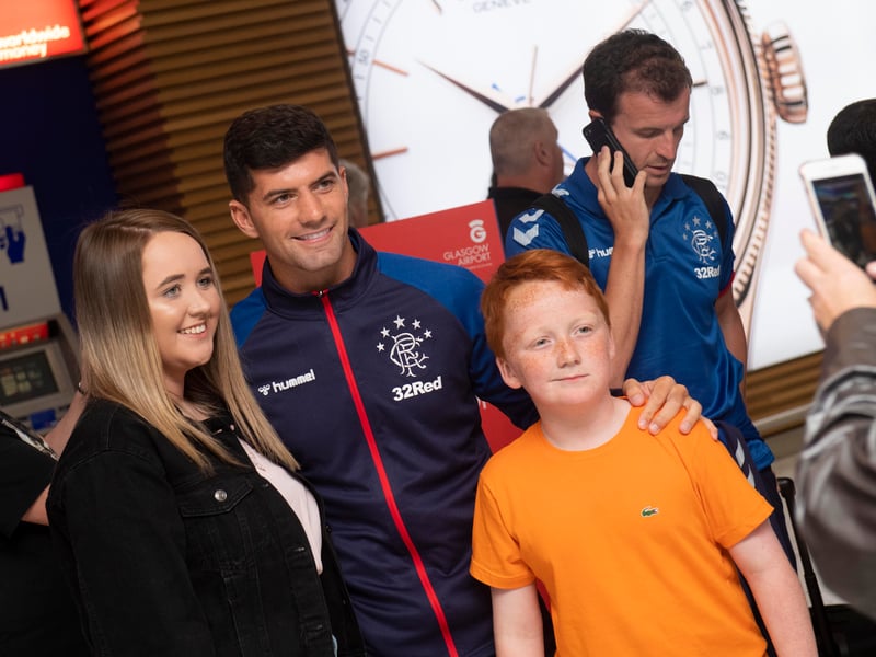 New Rangers signing Jordan Jones meets fans at Glasgow Airport in the summer of 2019.