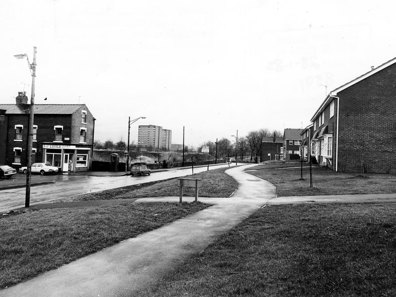 Oldfield Lane showing the junction with Roseneath Street on the left. Jeff Little, butcher, No.70 Oldfield Lane, is on the corner. On the right are modern houses numbered 17-35. In the distance the tower blocks of Wortley Heights and Wortley Towers can be seen. Pictured in January 1983.