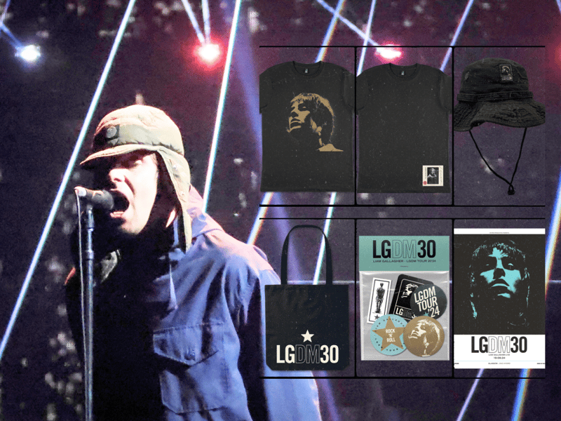 Some of the options that could be available at Leeds Festival 2024 regarding Liam Gallagher merchandise include two variants of the "LGDM30" t-shirts.