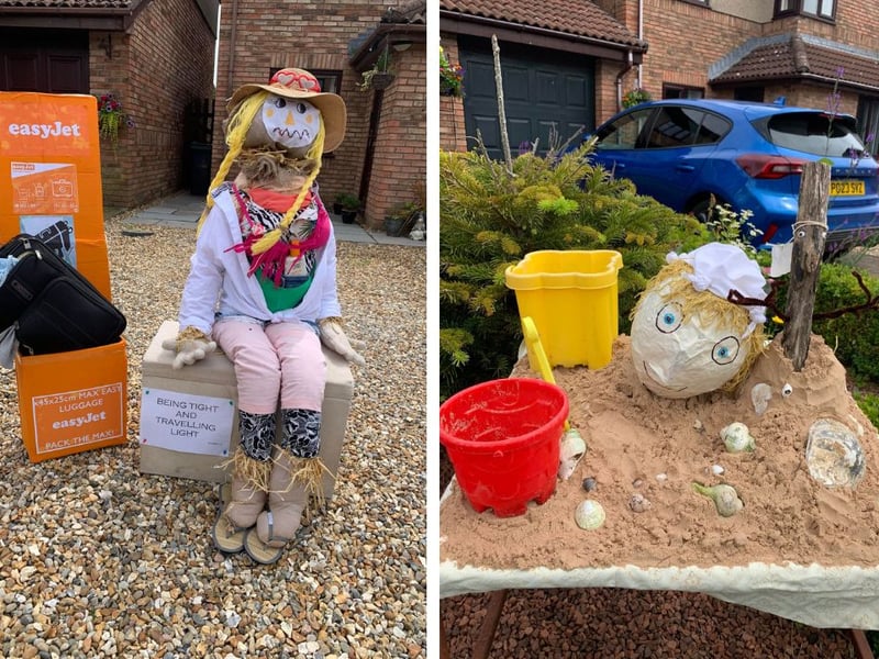 L: A scarecrow preparing for her holiday. R: a scarecrow buried in sand whilst on holiday!