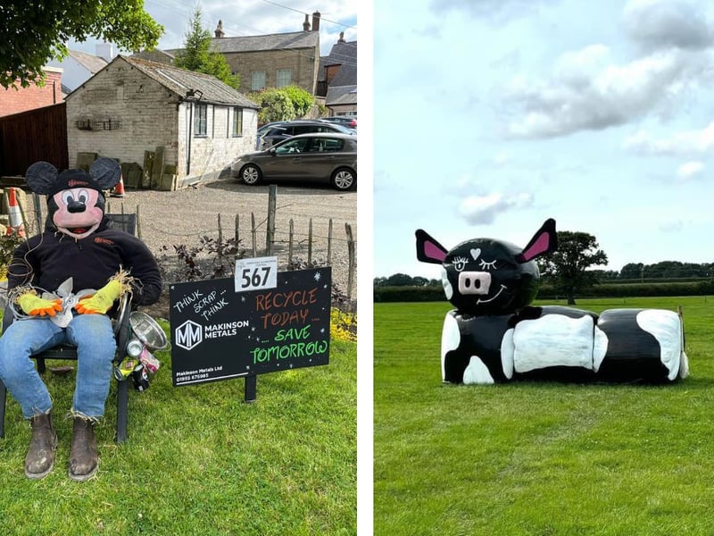 L: An environmentally conscious Micky Mouse. R: A large cow scarecrow