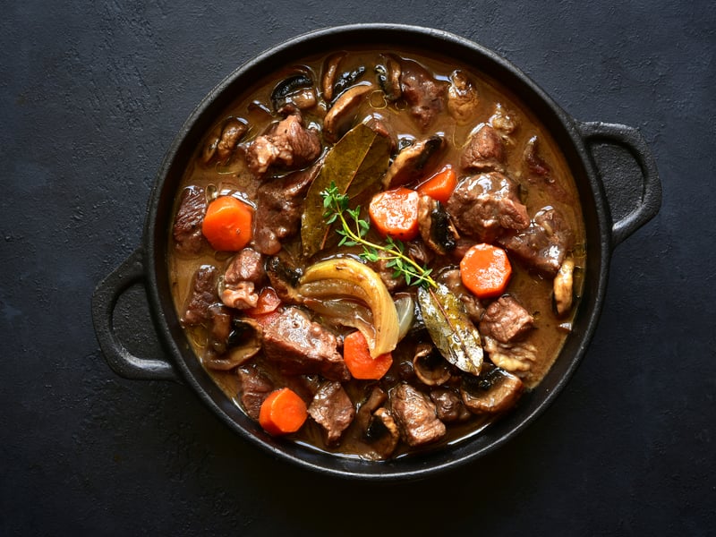 French stew, Beef Bourguignon is another holiday favourite. The dish is made with beef stew, braised in red wine and beef stock, flavoured with vegetables such as; carrots, onions and garlic. Other meats can be added to the stew, most commonly bacon. (Photo: lilechka75 - stock.adobe.com)
