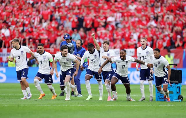 England celebrate after Trent Alexander-Arnold scores the team's fifth and winning penalty against Switzerland. Cr: Getty Images.