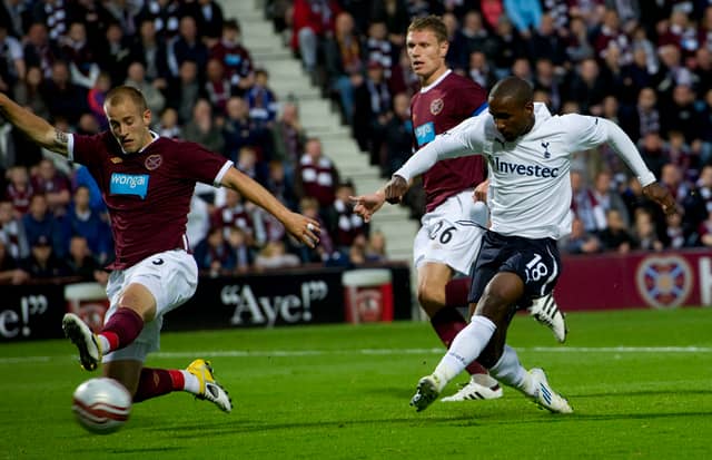 Jermain Defoe blasts a shot on goal at Tynecastle during Tottenham Hotspur's 5-0 win over Hearts in 2011. Cr. SNS Group.