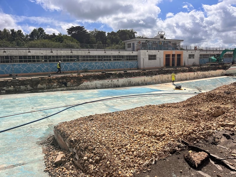The ongoing work at Hilsea Lido in July 2024.