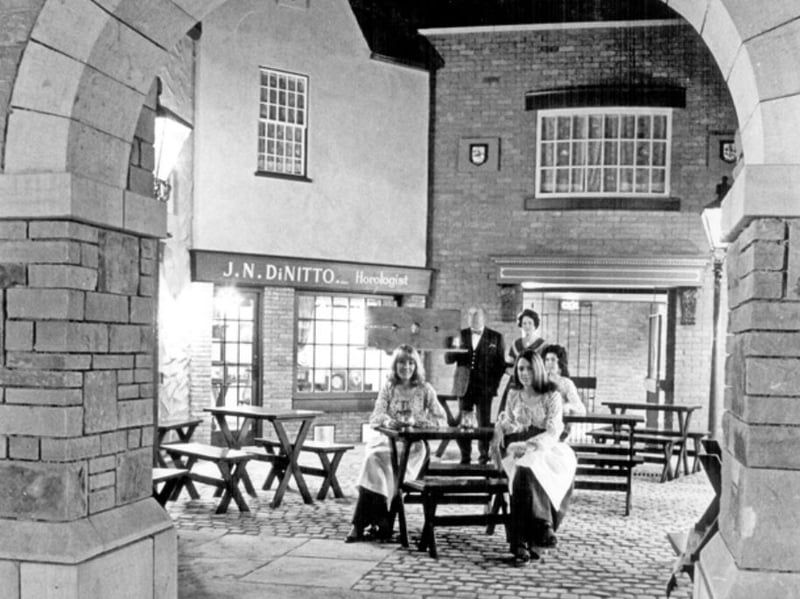 The Stone House pub, on Church Street, Sheffield city centre, which was famous for its olde world themed courtyard with artificial shop fronts. It is pictured here in May 1971