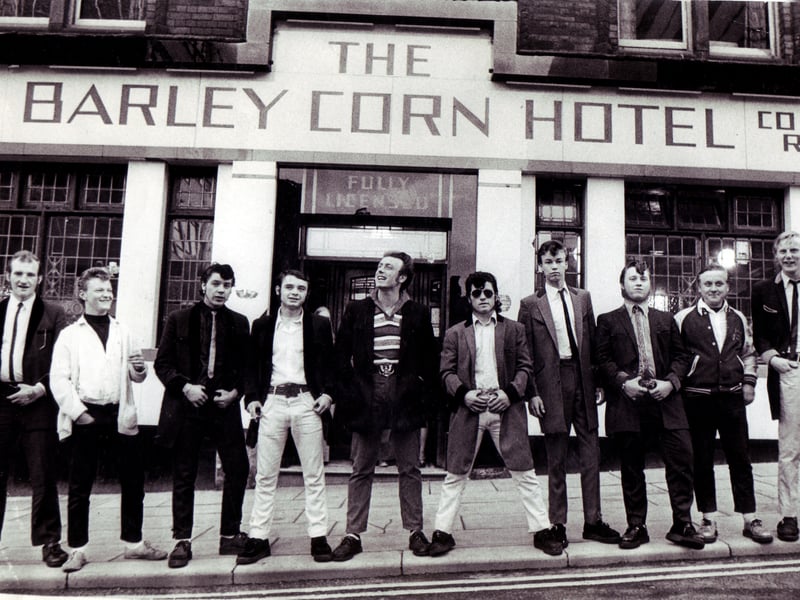 Teddy Boys outside the Barley Corn Hotel, on Cambridge Street, Sheffield city centre, in 1974