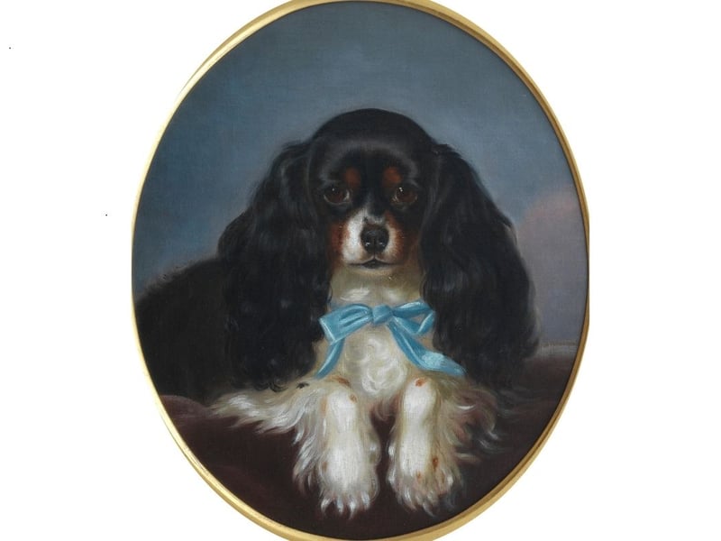 A 19th century painting of a Spaniel wearing a blue ribbon, of the English School. Estimate: £2,500 - £3,500.