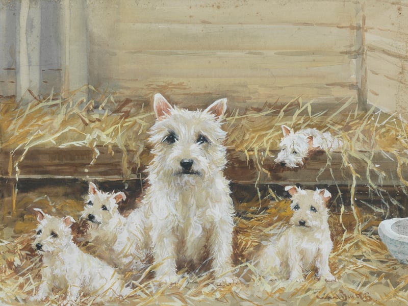 Reuben Ward Binks (1880-1950) is a British artist who painted this picture of a family of West Highland Terriers, in watercolour and gouache. Estimate: £1,200-£1,800.