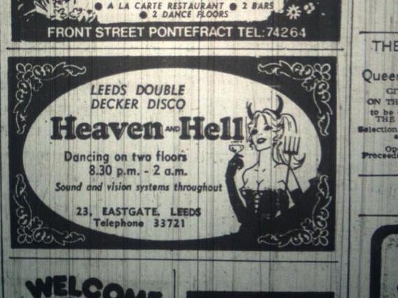 An advert for Heaven and Hell nightclub, on Eastgate, Leeds, which was a popular punk and alternative venue during the 70s
