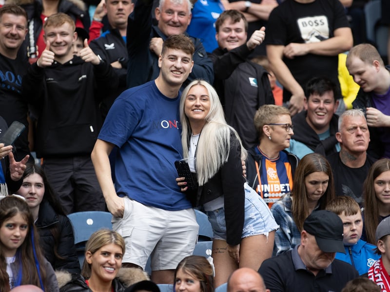 Two Rangers fans pose for a photo ahead of kick off in Edinburgh.