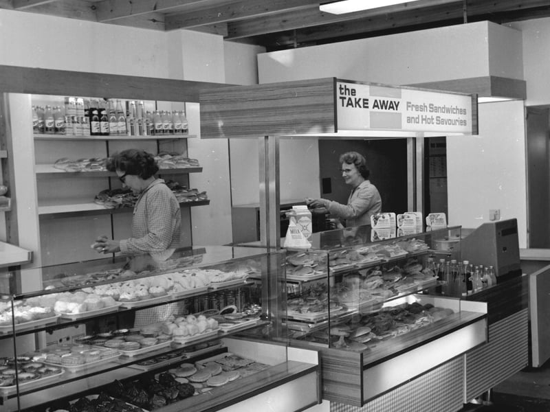 Women working at the take away counter of the Castle Light Bite restaurant run by Martins the Bakers which opened in Edinburgh, January 1973 at 132 Princes Street, Edinburgh.