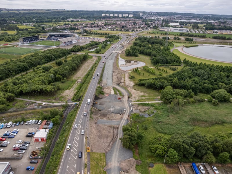 An aerial view along the A904 towards the Falkirk Stadium, left, and The Helix, right. Falkirk was rated as the tenth best council area in Scotland to live, performing especially well in health and community outcomes