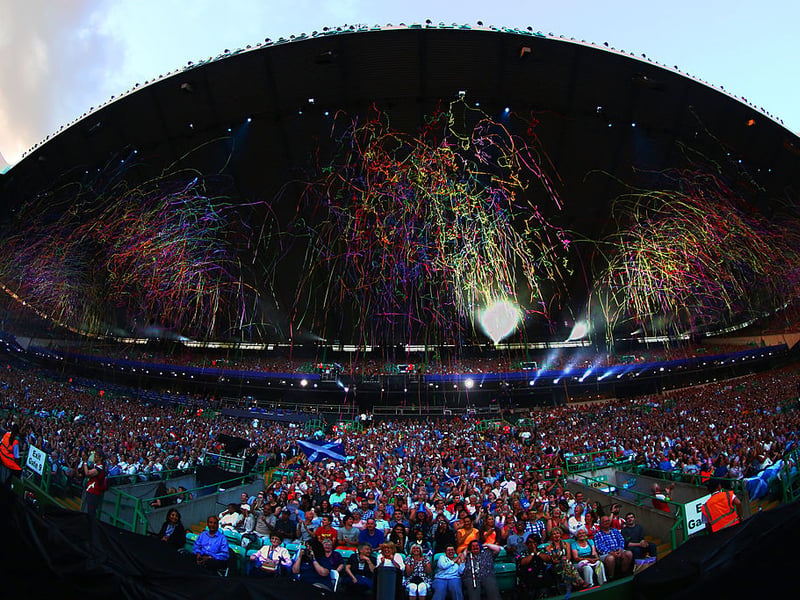 Multi-coloured streamers rain down on Celtic Park.