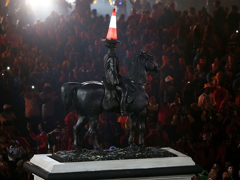 It wouldn't be Glasgow without the Duke of Wellington wearing his traditional headgear.