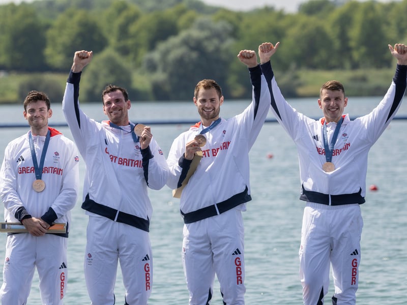 The quartet show off their bronze medals after finishing third in Mens Fours Rowing.