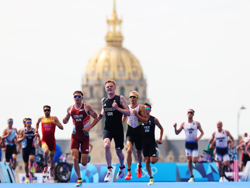 Sam Dickinson pictured during the men's individual triathlon at Pont Alexandre III on July 31 in Paris.